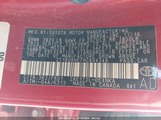 Toyota COROLLA LE 2017 2T1BURHE7HC804346 Image 9