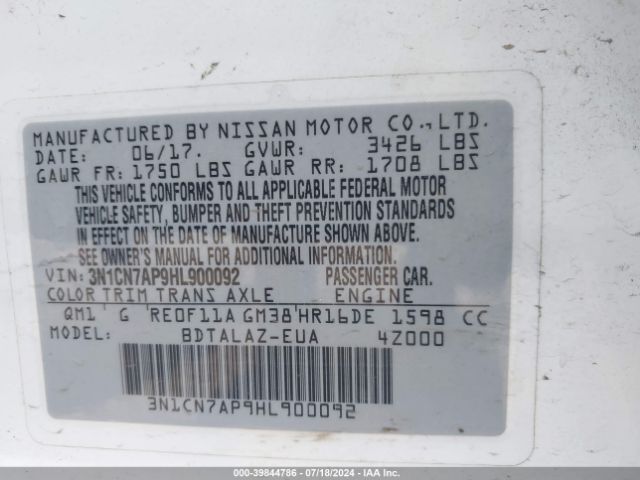 3N1CN7AP9HL900092 Nissan Versa 1.6 S+