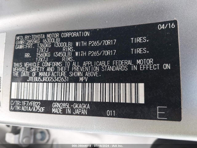 Toyota 4RUNNER SR5 2016 JTEBU5JR0G5342631 Image 9