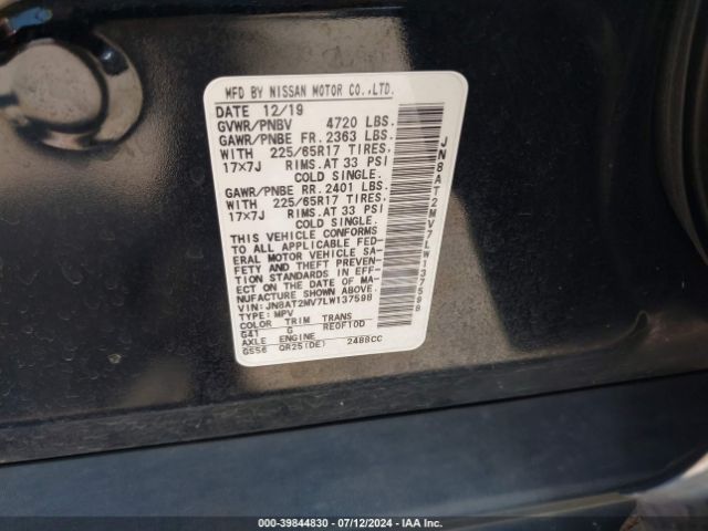 JN8AT2MV7LW137598 Nissan Rogue Sv Intelligent Awd