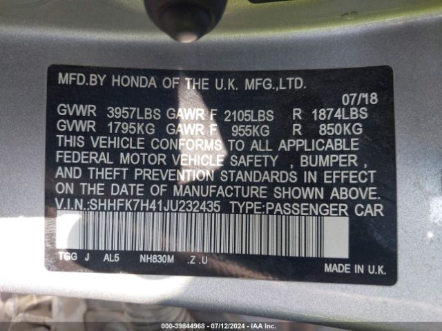 SHHFK7H41JU232435 Honda Civic Sport