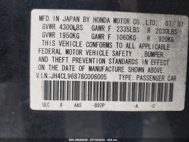 39845030 :رقم المزاد ، JH4CL96878C006005 vin ، 2008 Acura Tsx مزاد بيع