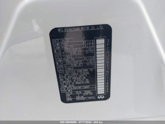3PCAJ5BA7NF118849 Infiniti Qx50 Luxe