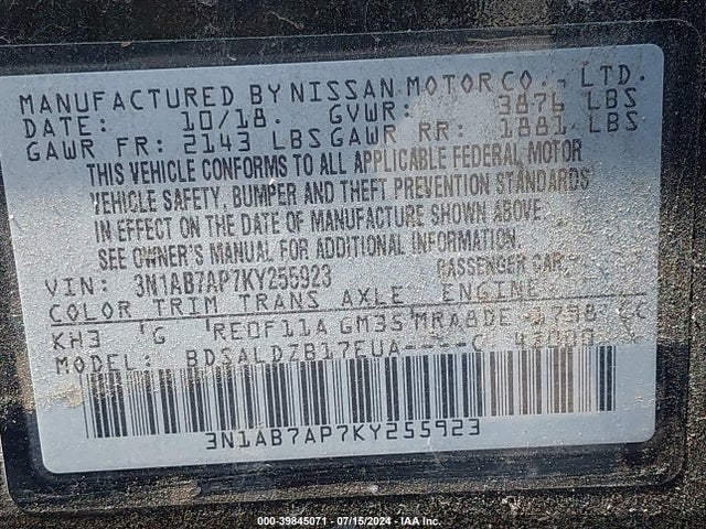 Nissan SENTRA SV 2019 3N1AB7AP7KY255923 Image 9