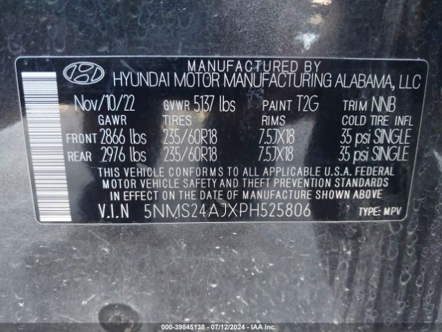 5NMS24AJXPH525806 Hyundai Santa Fe Sel
