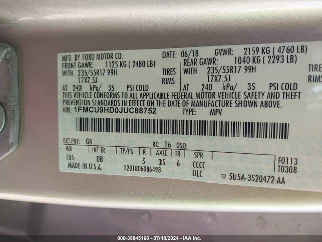 Ford ESCAPE SEL 2018 1FMCU9HD0JUC88752 Image 9