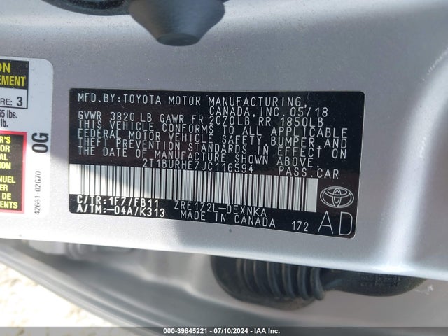 Toyota COROLLA LE 2018 2T1BURHE7JC116594 Image 9