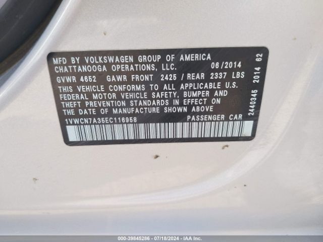 1VWCN7A35EC116958 Volkswagen Passat 2.0l Tdi Sel Premium