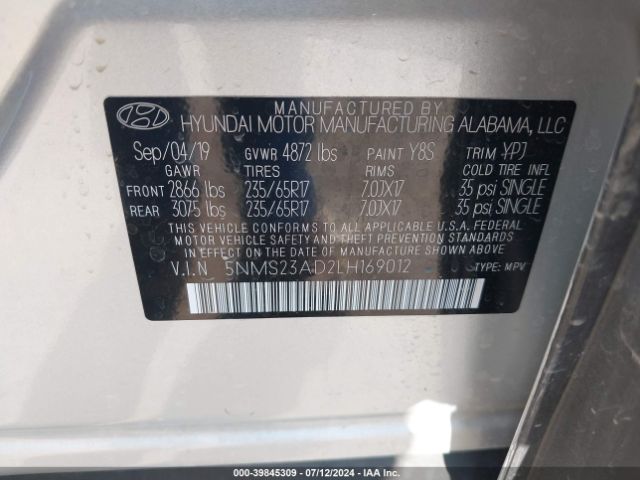 5NMS23AD2LH169012 Hyundai Santa Fe Se