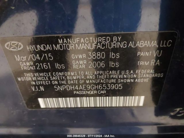 5NPDH4AE9GH653905 Hyundai ELANTRA SE