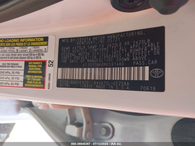 Toyota CAMRY SE 2021 4T1G11AK6MU591480 Image 9