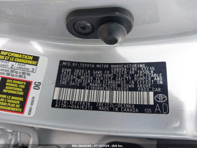 Toyota COROLLA LE 2016 2T1BURHE9GC556695 Image 9
