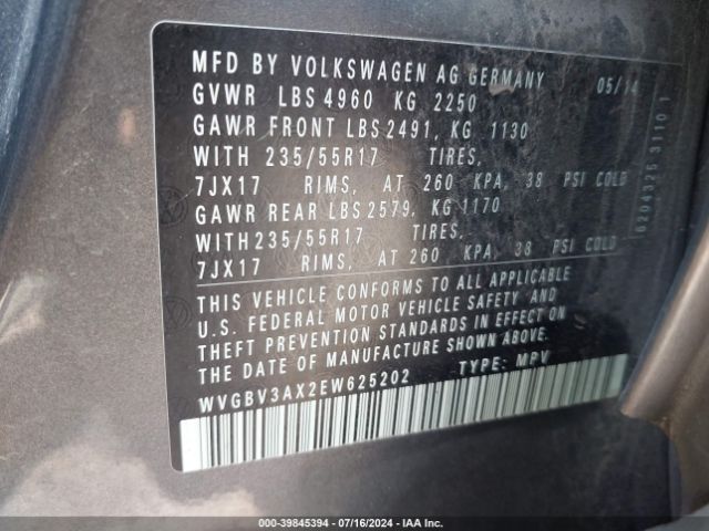 WVGBV3AX2EW625202 Volkswagen TIGUAN SE
