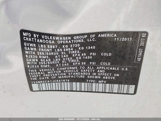 1V2NR2CA1JC541679 Volkswagen Atlas 3.6l V6 Sel Premium