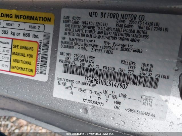 1FA6P8TH0L5147907 Ford Mustang Ecoboost Premium Fastback