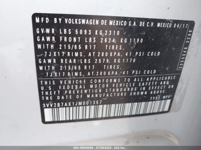 3VV2B7AX1JM001357 Volkswagen Tiguan