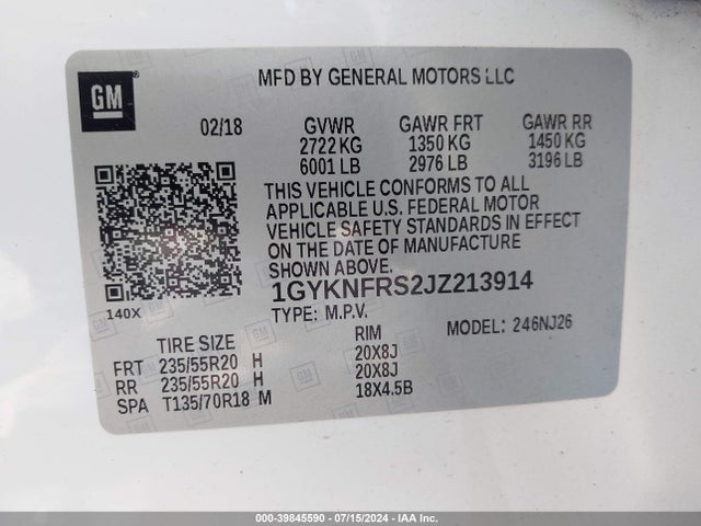 1GYKNFRS2JZ213914 Cadillac Xt5 Premium Luxury