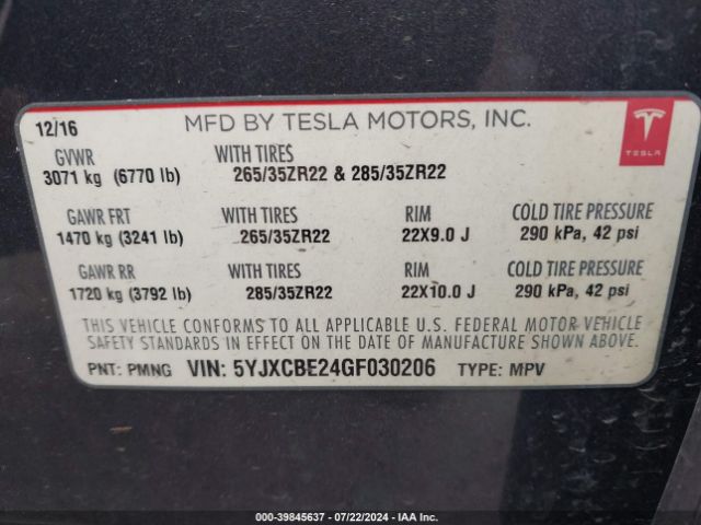 5YJXCBE24GF030206 Tesla Model X 60d/70d/75d/90d/p100d