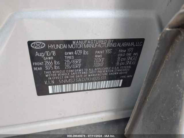 5NMS23AD7KH025311 Hyundai Santa Fe Se