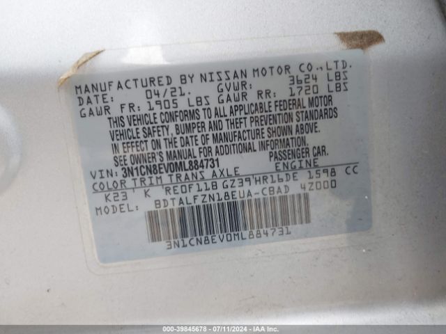 3N1CN8EV0ML884731 Nissan Versa Sv Xtronic Cvt