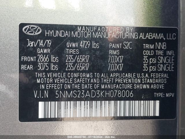 5NMS23AD3KH078006 Hyundai Santa Fe Se