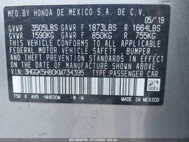 3HGGK5H80KM734395 Honda FIT EX