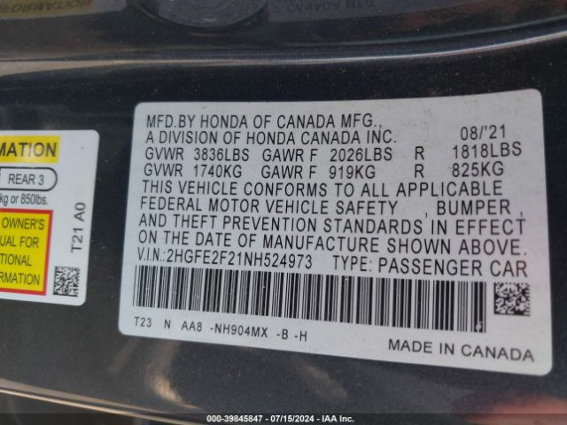 2HGFE2F21NH524973 Honda Civic Lx