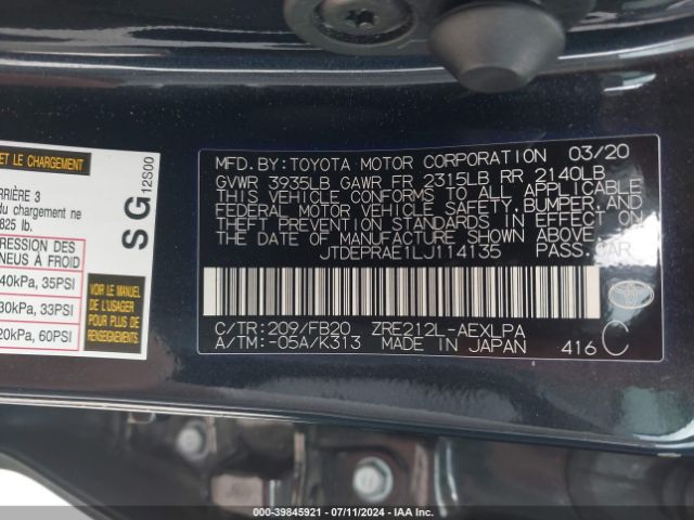 JTDEPRAE1LJ114135 Toyota COROLLA LE