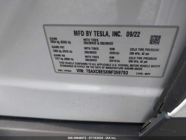 2022 TESLA MODEL X 7SAXCBE5XNF359793 Photo 8