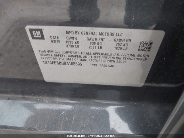 Chevrolet Sonic Ltz Auto 2016 1G1JE6SB8G4158895 Image 9