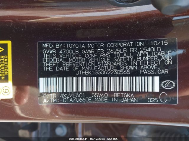 JTHBK1GG0G2230565 Lexus ES 350