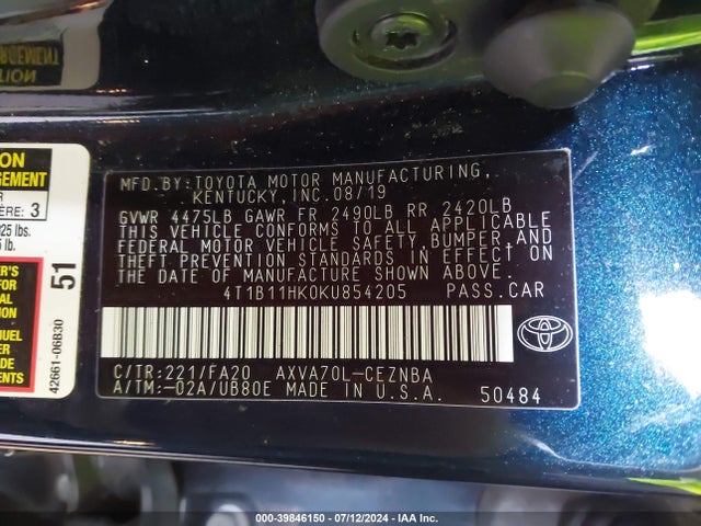Toyota CAMRY LE 2019 4T1B11HK0KU854205 Image 9