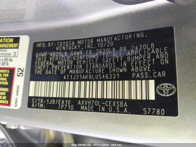 4T1J31AK8LU546331 Toyota Camry Se Hybrid