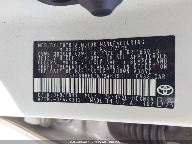 Toyota COROLLA LE 2019 5YFBURHE1KP946196 Image 9