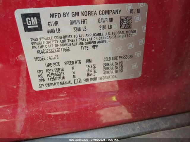 KL4CJ2SB2KB711558 Buick Encore Awd Sport Touring