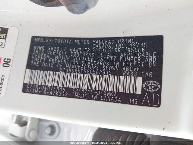 2T1BURHE5GC583912 Toyota COROLLA LE