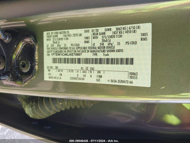 Ford F-150 Lariat 2020 1FTEW1C46LKE70907 Image 9