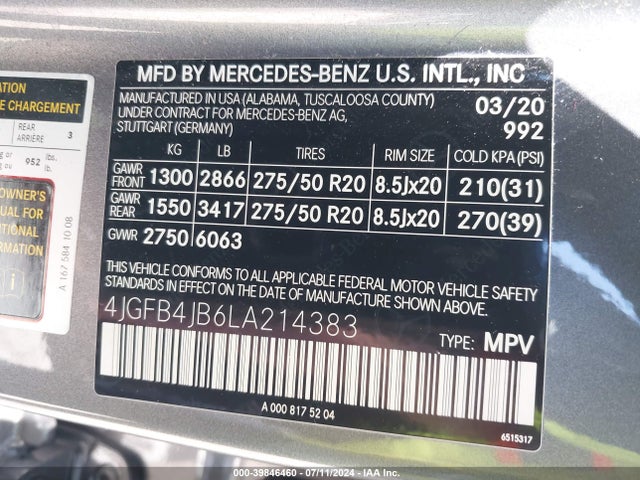 4JGFB4JB6LA214383 Mercedes-Benz GLE 350