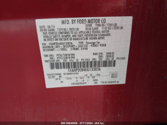 1FAHP2E84GG133036 Ford TAURUS SEL