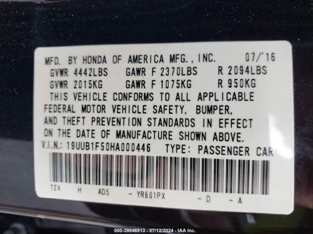 19UUB1F50HA000446 Acura TLX
