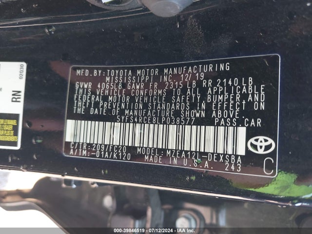 Toyota Corolla Se Nightshade Edition 2020 5YFS4RCE8LP038577 Image 9