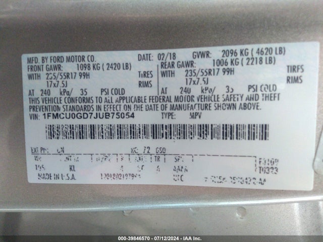 Ford ESCAPE SE 2018 1FMCU0GD7JUB75054 Image 9