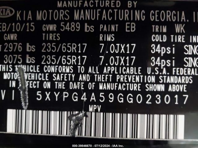 5XYPG4A59GG023017 KIA Sorento 3.3l Lx