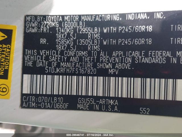 5TDJKRFH7FS167820 Toyota Highlander Xle V6