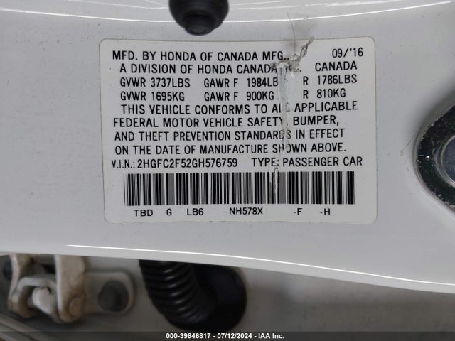 Honda Civic Lx 2016 2HGFC2F52GH576759 Image 9