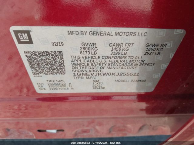 1GNEVJKW0KJ255511 Chevrolet Traverse High Country
