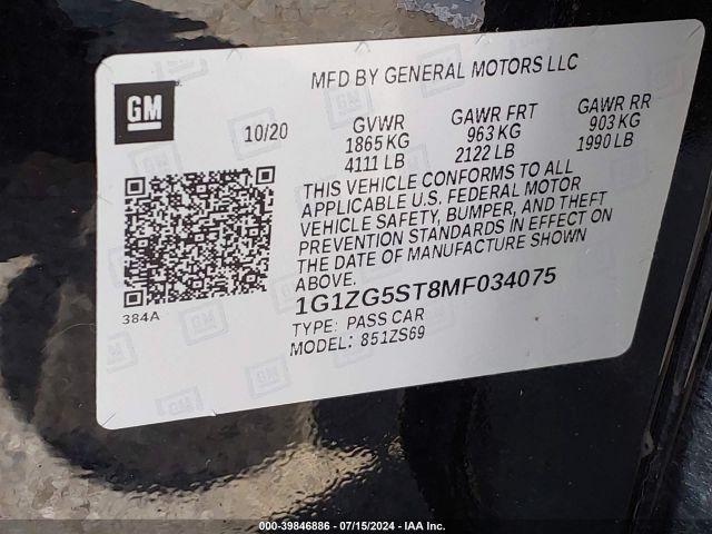 1G1ZG5ST8MF034075 Chevrolet Malibu Fwd Rs