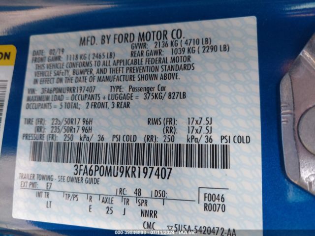 3FA6P0MU9KR197407 Ford Fusion Hybrid Sel