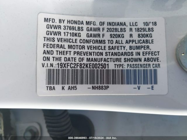 19XFC2F82KE002501 Honda Civic Sport