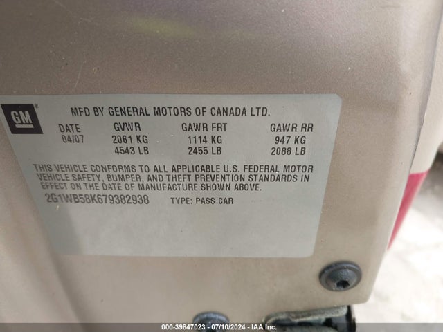 39847023 :رقم المزاد ، 2G1WB58K679382938 vin ، 2007 Chevrolet Impala Ls مزاد بيع